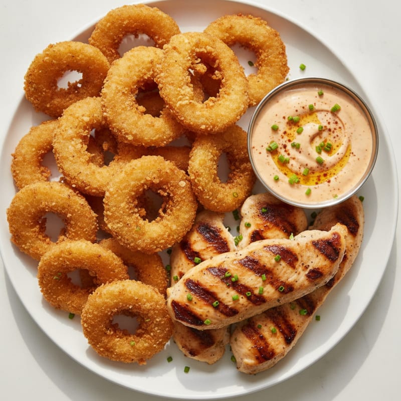 Beer-Battered Onion Rings with Zesty Dipping Sauce and Grilled Chicken