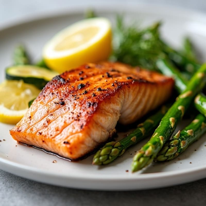 Seared Salmon Fillet with Roasted Asparagus and Zucchini