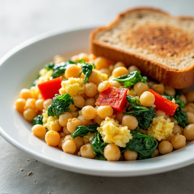 Hearty Egg White Scramble with Chickpeas, Spinach, and Red Bell Peppers, and Whole Wheat Toast