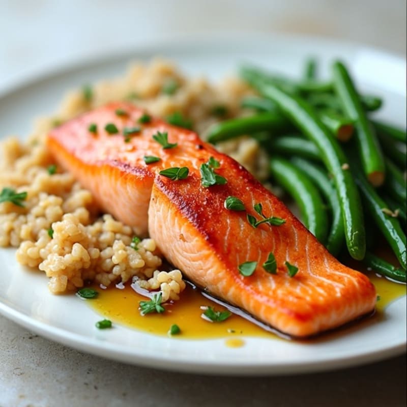 Seared Salmon Fillet with Garlic Green Beans and Brown Rice