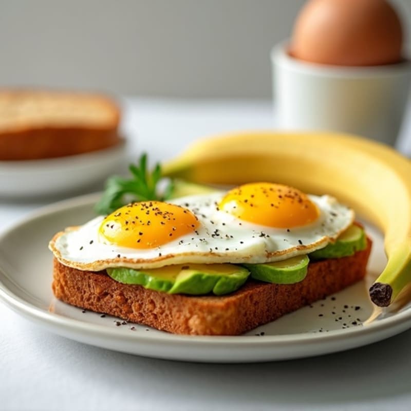 Eggs and Avocado on High-Protein Toast with Greek Yogurt and Banana