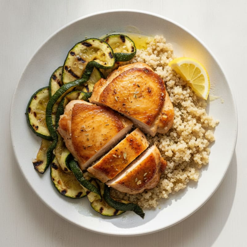 Seared Chicken Thighs with Grilled Zucchini and Quinoa