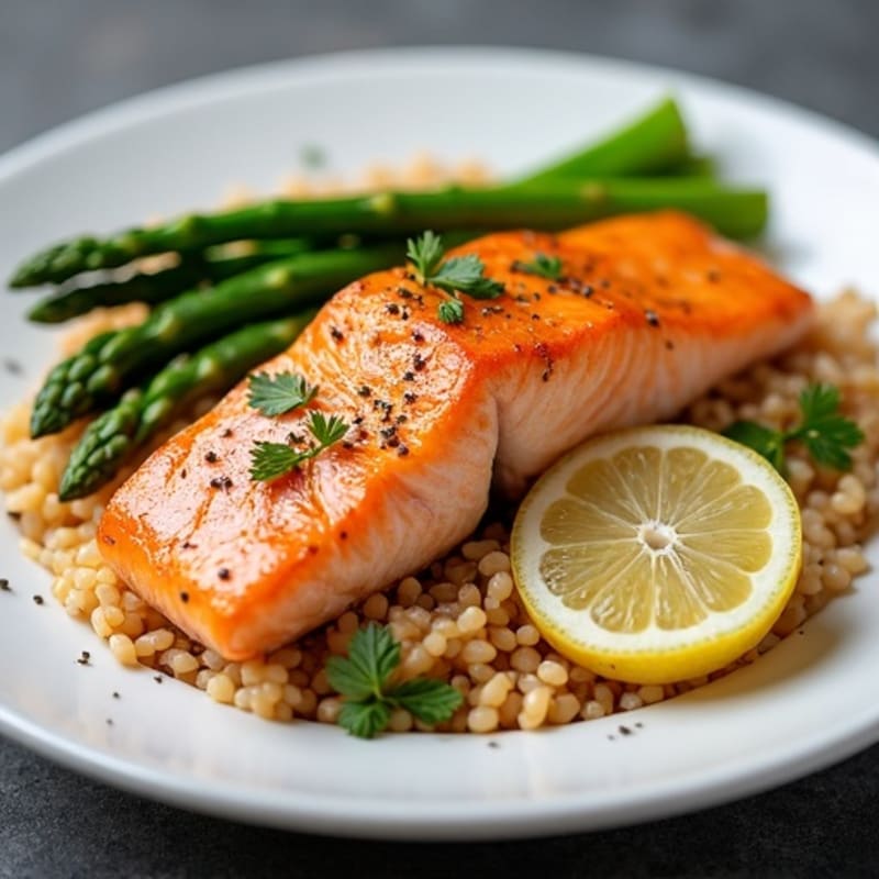 Seared Salmon Fillet with Steamed Asparagus and Brown Rice