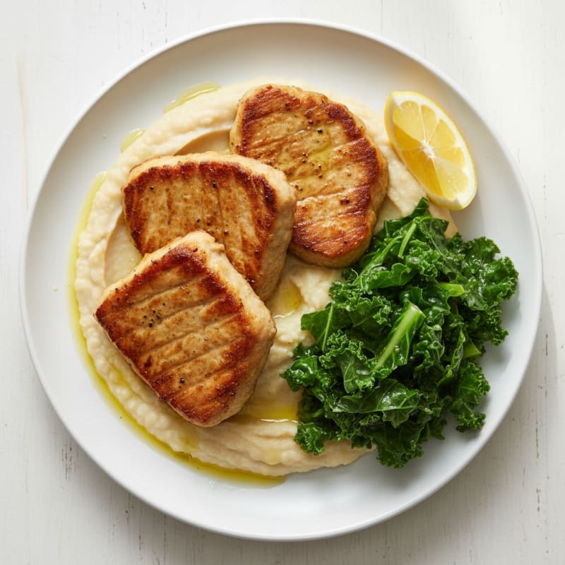 Seared Seitan Steaks with Creamy White Bean Mash and Steamed Greens