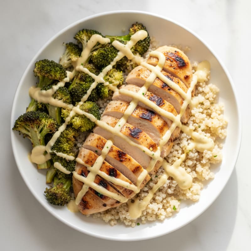 Grilled Chicken and Quinoa Bowl with Roasted Broccoli and Lemon Tahini Drizzle
