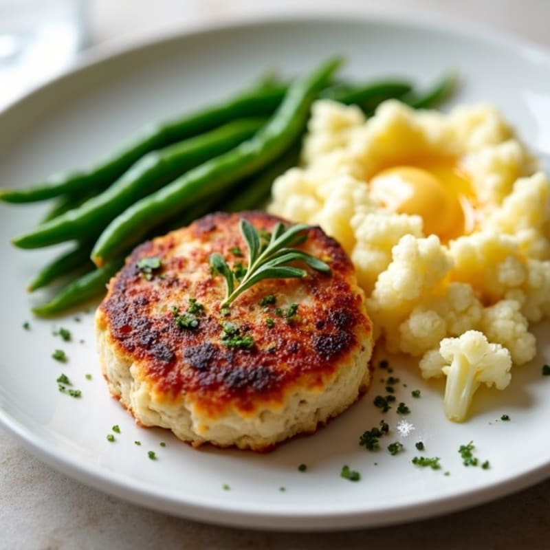Seared Turkey Patties with Steamed Green Beans and Mashed Cauliflower