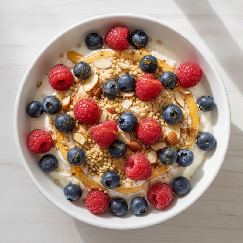 High Protein Berry and Hemp Greek Yogurt Bowl