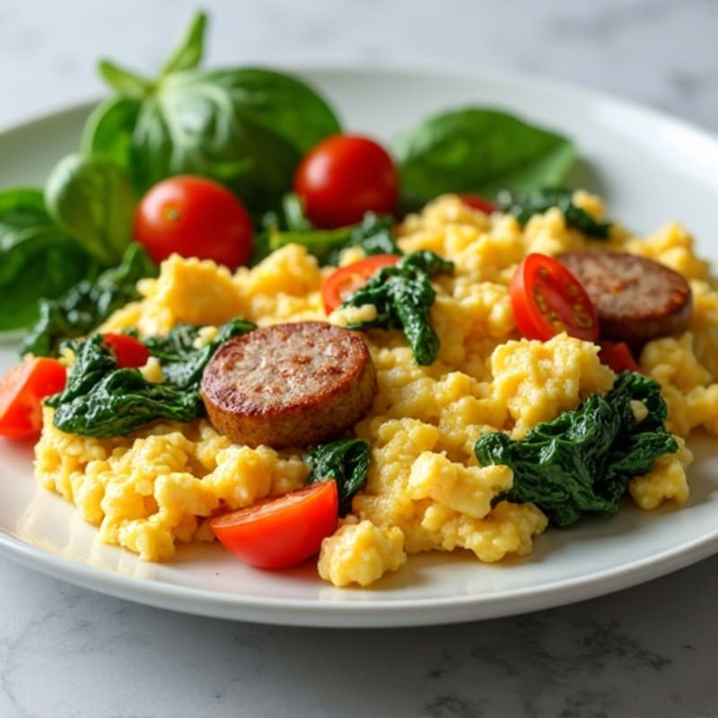 Egg White Scramble with Turkey Sausage and Sautéed Spinach