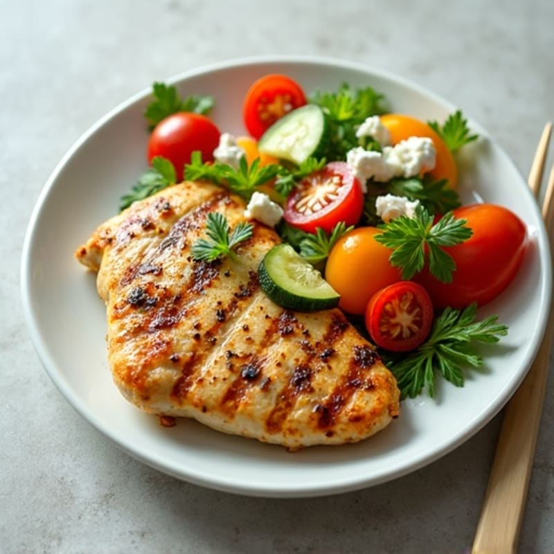 Lemon Herb Grilled Chicken with Crisp Feta and Fresh Vegetable Salad