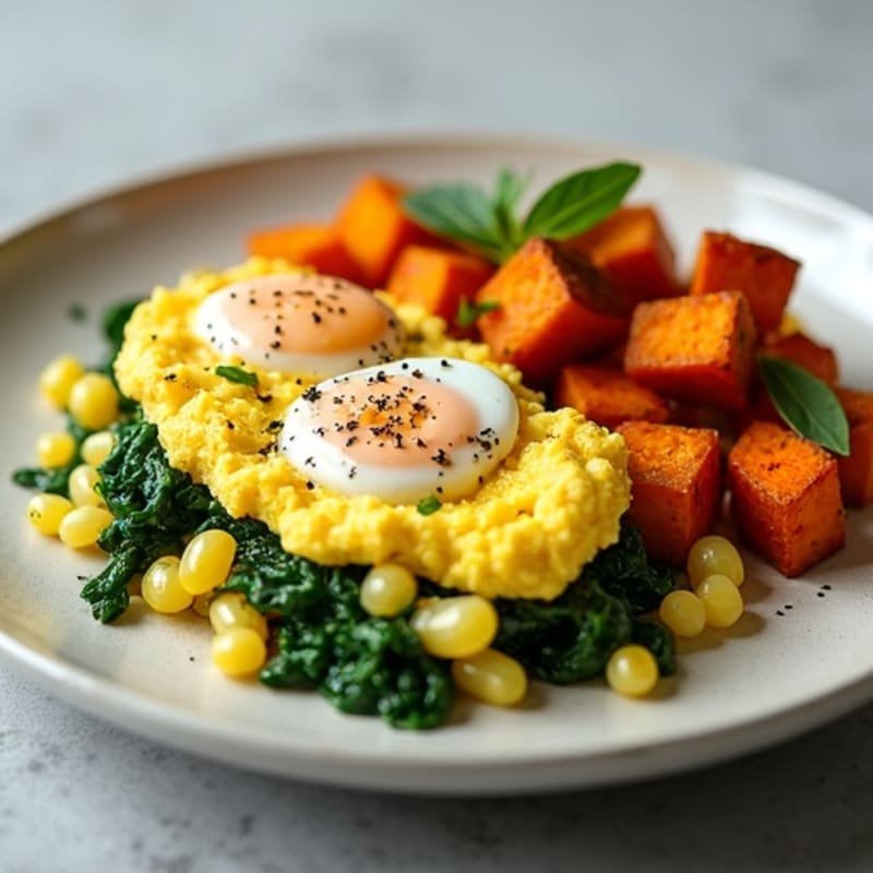 Fluffy Egg and Spinach Scramble with Roasted Sweet Potatoes