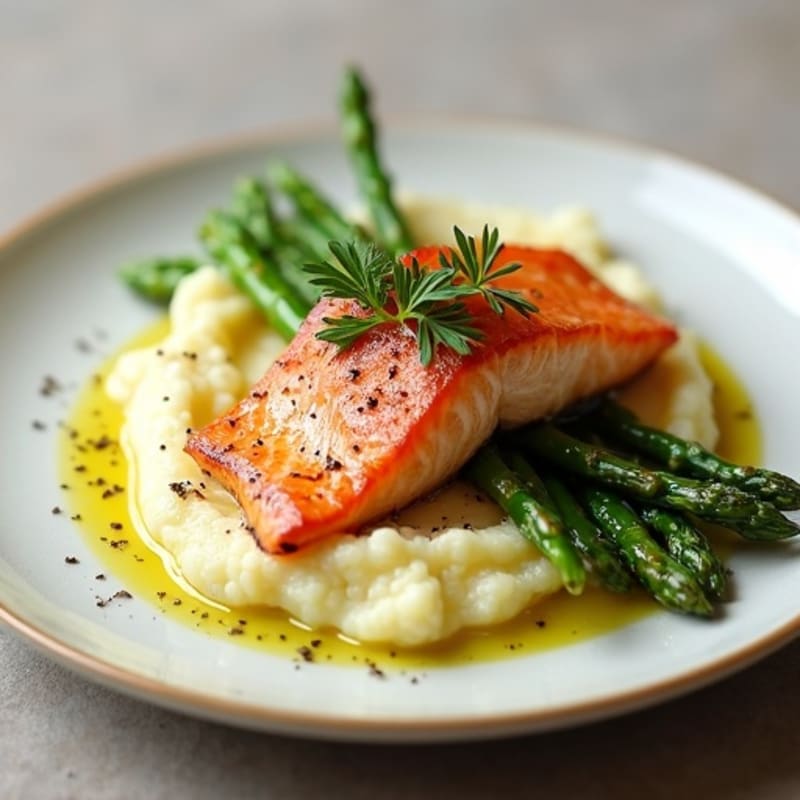 Seared Salmon with Steamed Asparagus and Cauliflower Mash