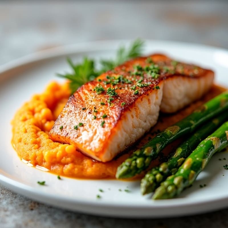 Seared Salmon Fillet with Roasted Asparagus and Sweet Potato Mash