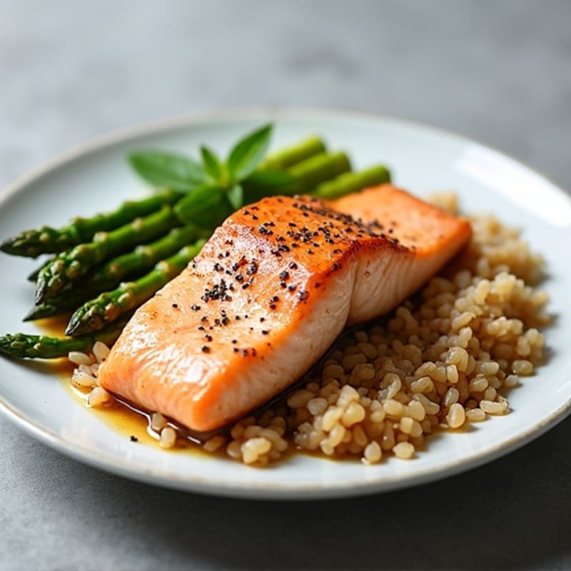 Seared Salmon with Steamed Asparagus and Brown Rice