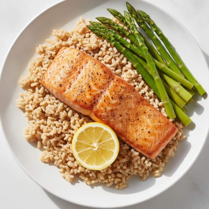Seared Salmon with Steamed Asparagus and Brown Rice