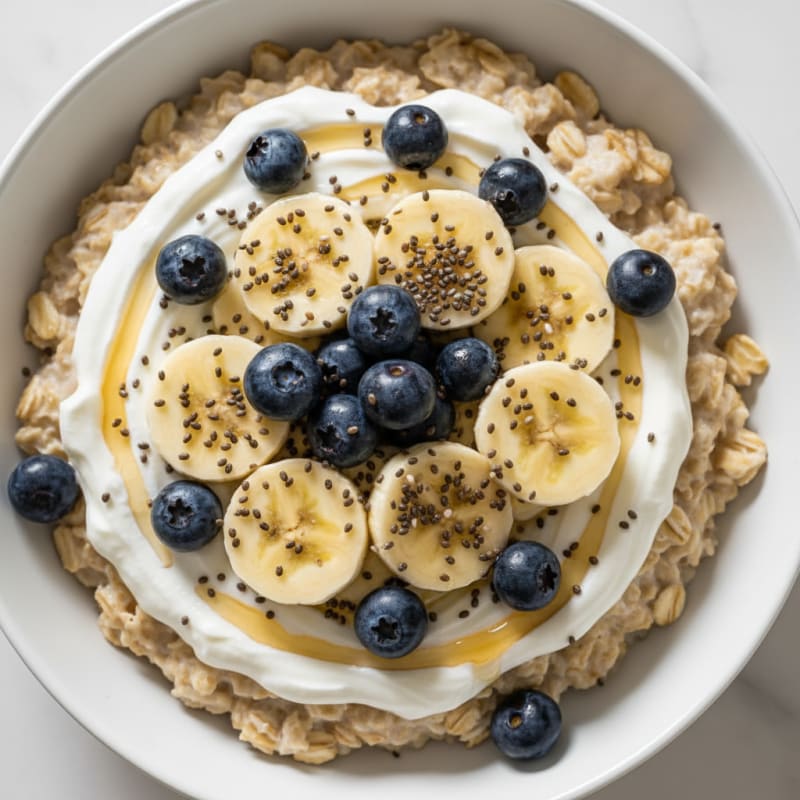 Creamy Greek Yogurt Oatmeal with Blueberries, Banana, and Chia Seeds