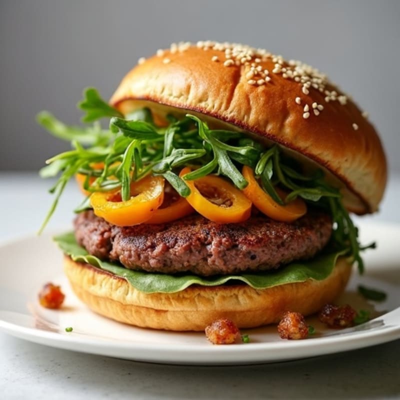 Crispy Lean Beef Smash Burger with Salted Crispy Shallots and Fresh Arugula