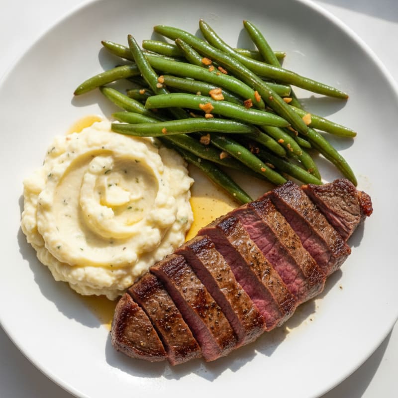 Seared Sirloin Steak with Garlic Green Beans and Mashed Cauliflower