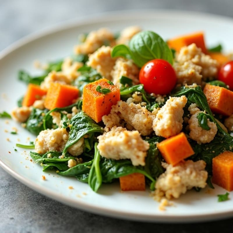 Egg White and Turkey Spinach Scramble with Roasted Sweet Potato