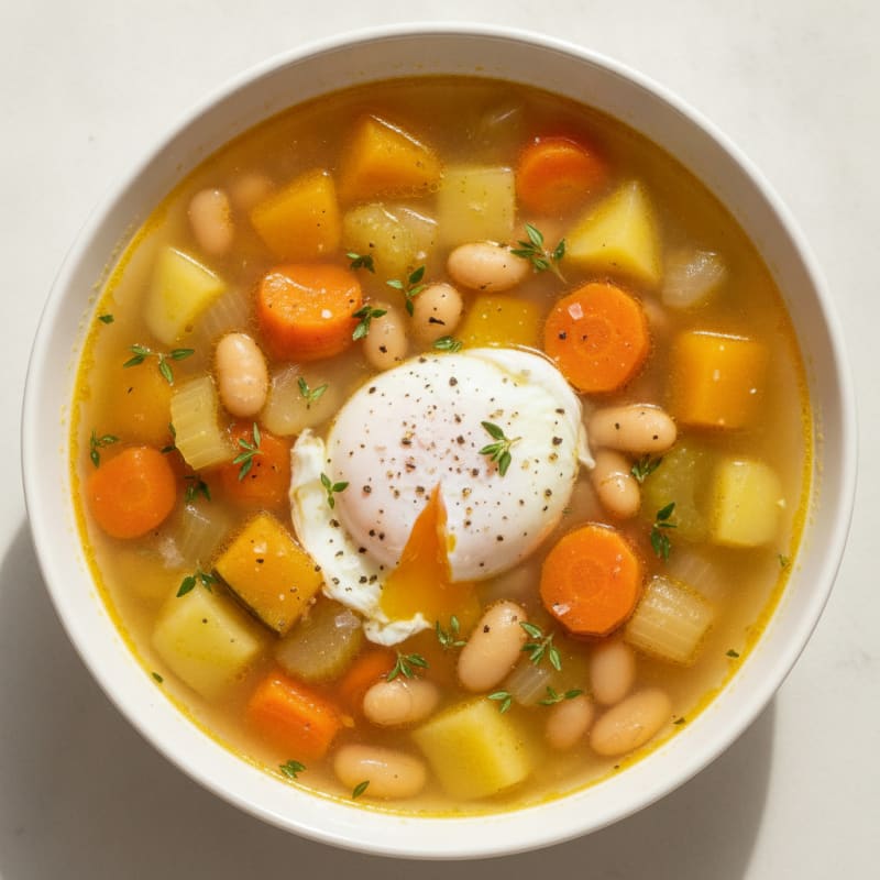 Comforting Vegetable Broth with Poached Egg