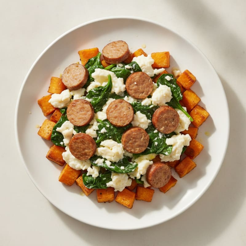 Egg White and Turkey Sausage Scramble with Spinach and Roasted Sweet Potatoes