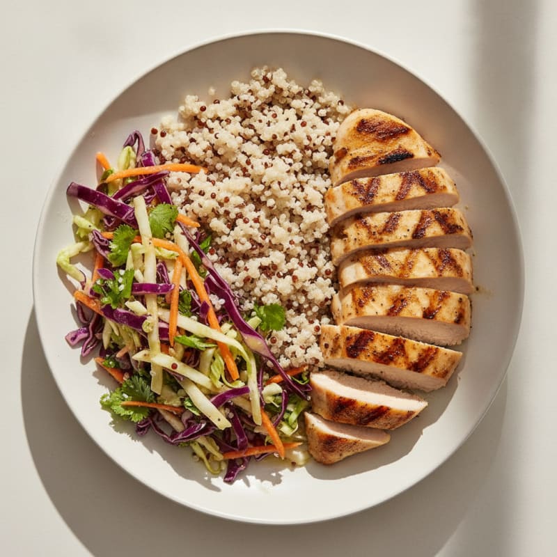 Grilled Chicken Breast with Crunchy Cabbage Slaw and Quinoa