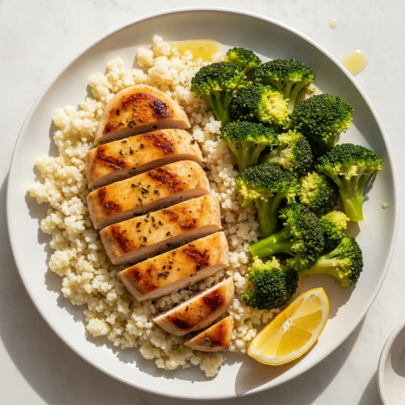 Seared Chicken Breast with Steamed Broccoli and Cauliflower Rice