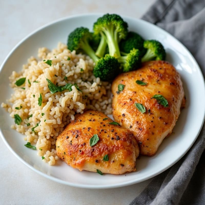 Crispy Lemon Garlic Chicken Thighs with Herbed Brown Rice and Roasted Broccoli