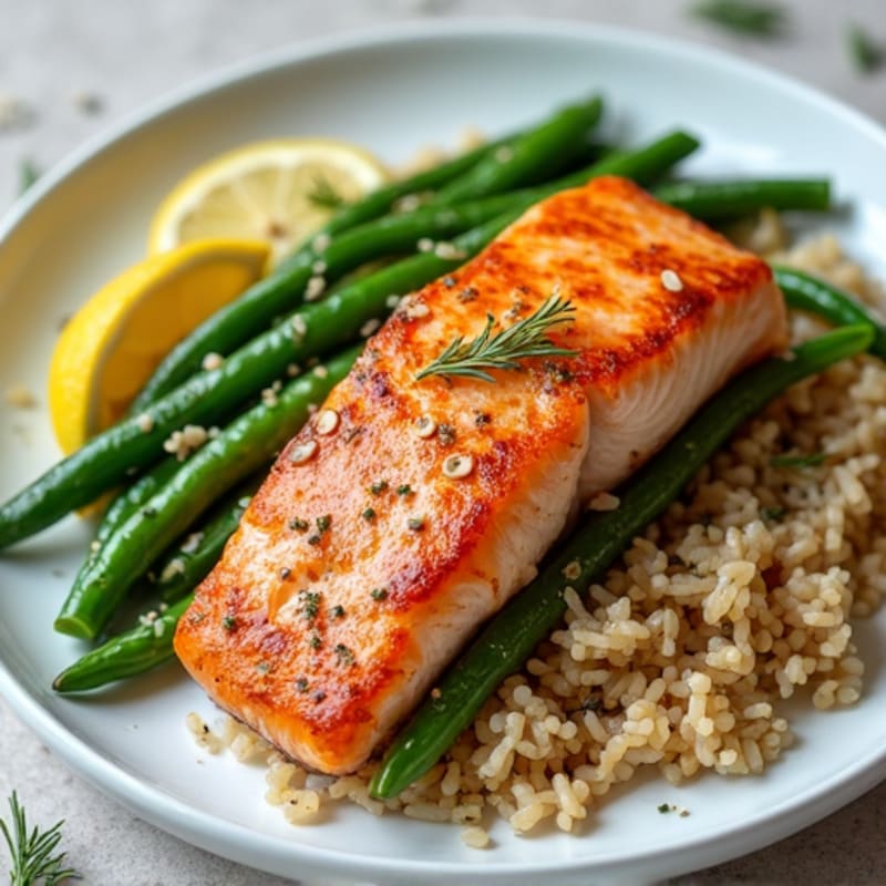 Baked Salmon with Steamed Green Beans and Brown Rice