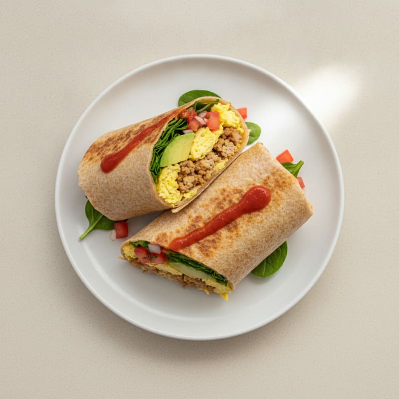 Scrambled Egg and Turkey Breakfast Burrito with Avocado