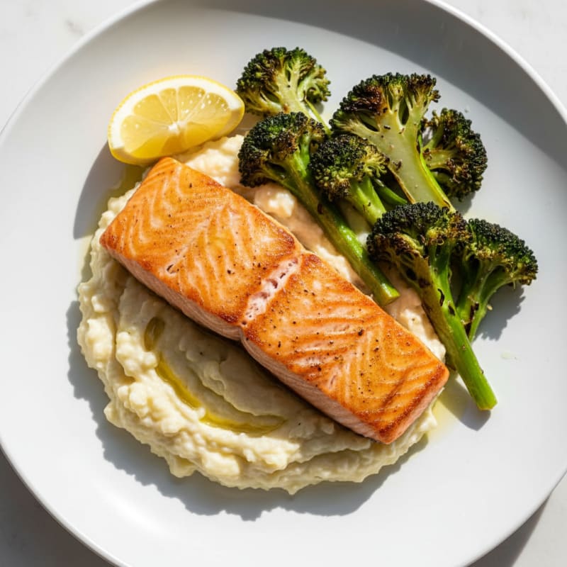 Seared Salmon with Roasted Broccoli and Garlic Mash