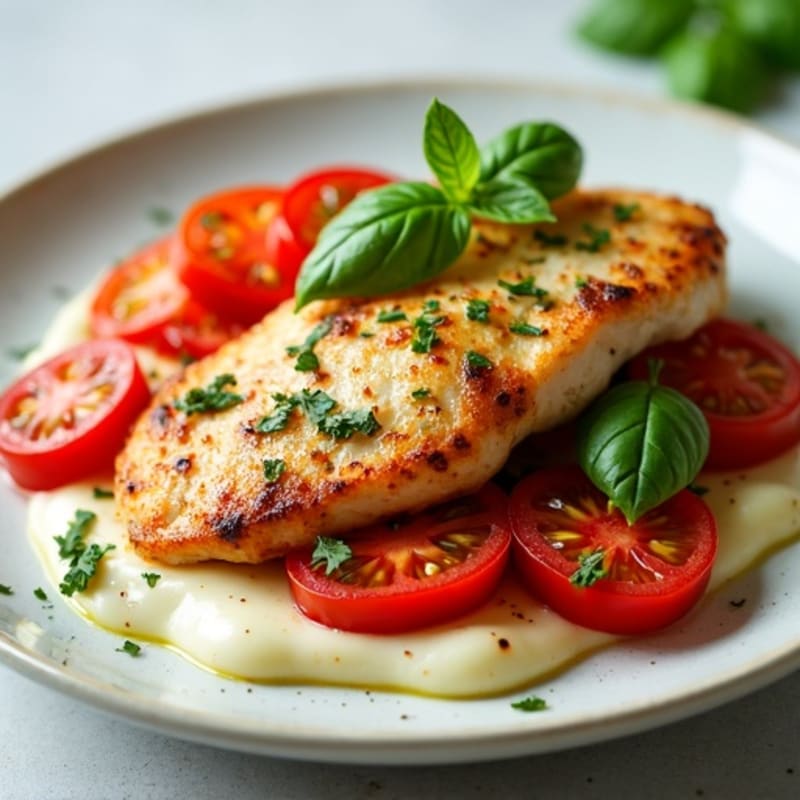 Roasted Chicken Breast with Burst Tomatoes, Fresh Basil, and Melty Mozzarella