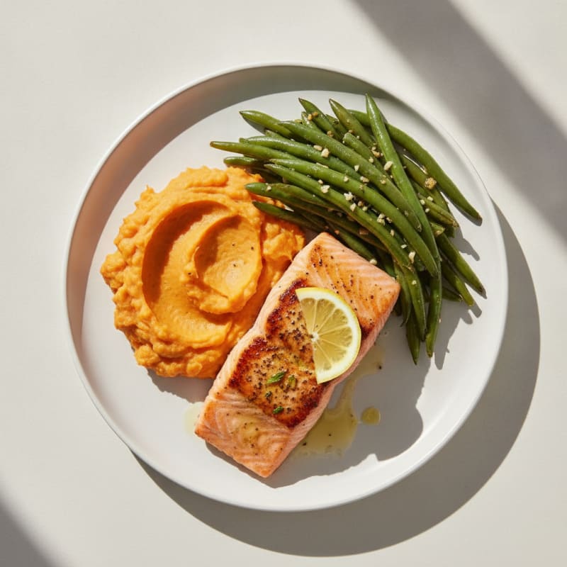 Seared Salmon with Garlic Green Beans and Sweet Potato Mash