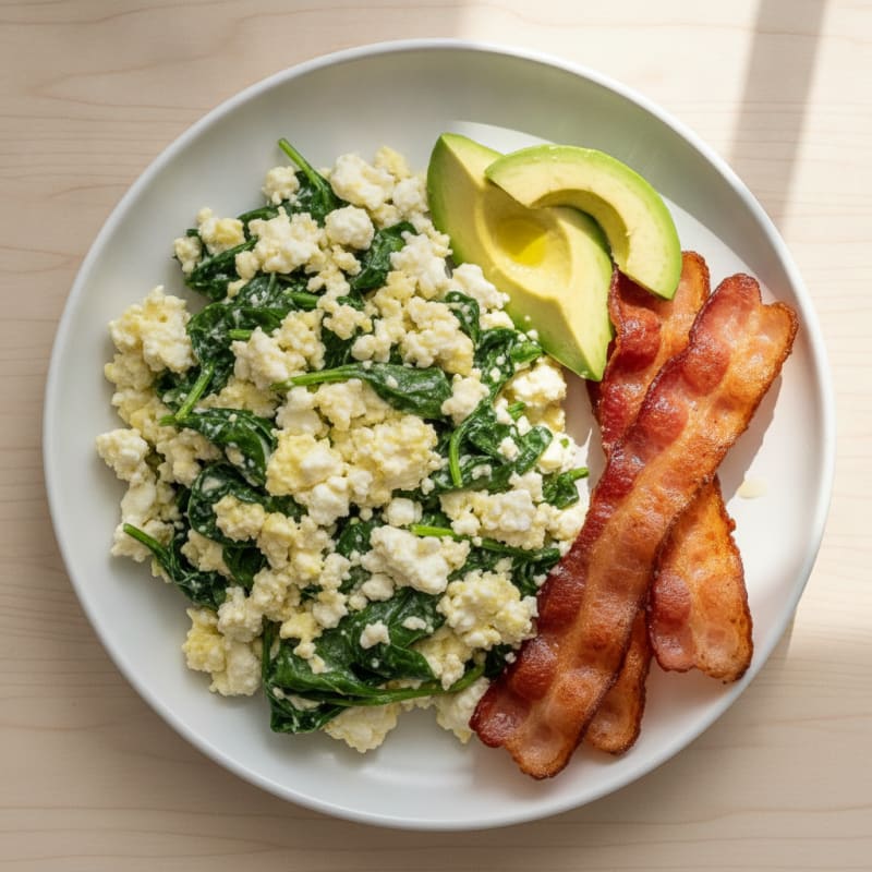 Cottage Cheese and Spinach Egg Scramble with Turkey Bacon