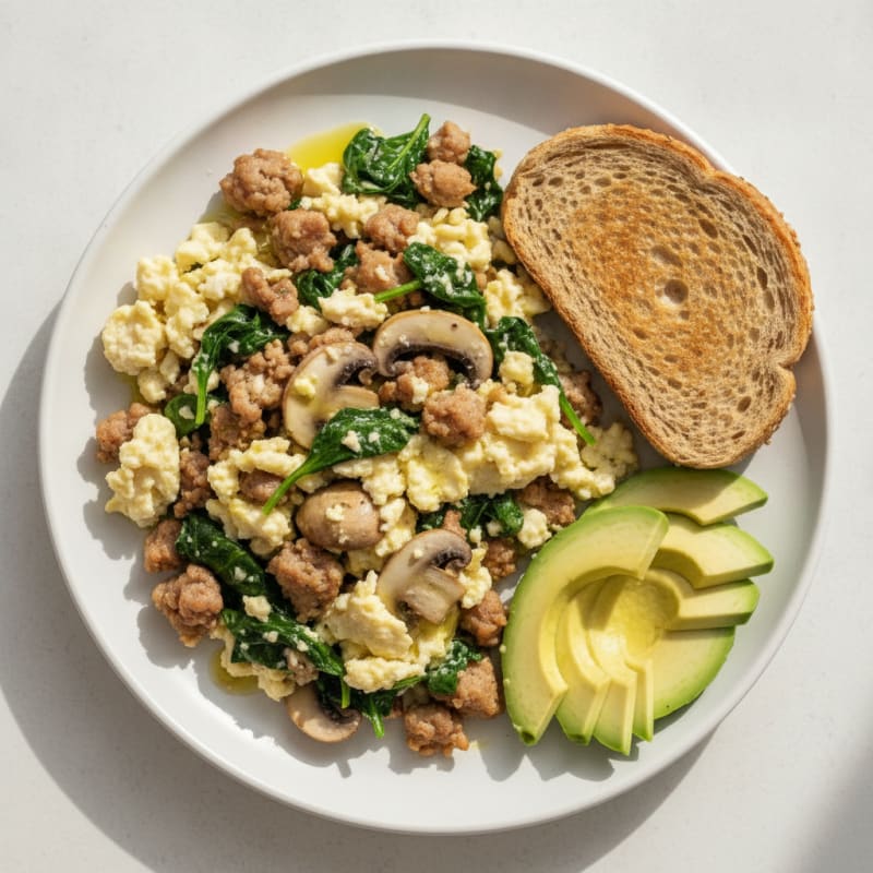 Egg White and Turkey Sausage Scramble with Spinach and Mushrooms