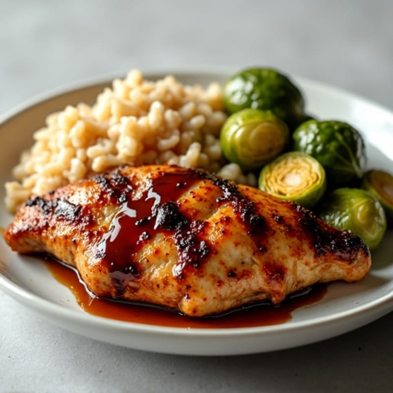 Balsamic Glazed Chicken with Crispy Roasted Brussels Sprouts and Fluffy Brown Rice