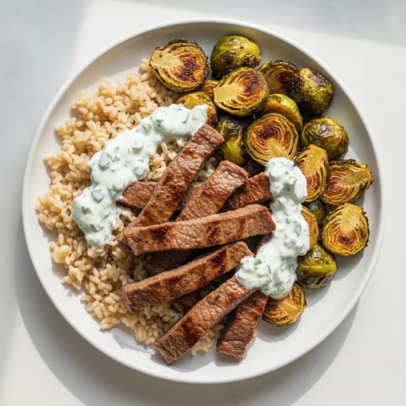 Seared Beef Strips with Roasted Brussels Sprouts and Brown Rice