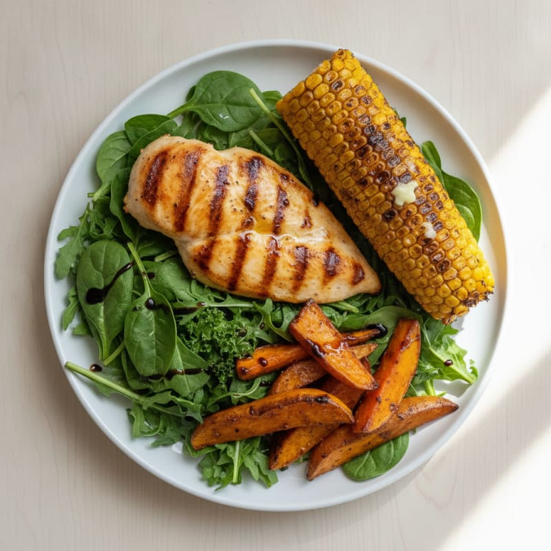 Grilled Chicken Breast with Corn on the Cob and Mixed Greens
