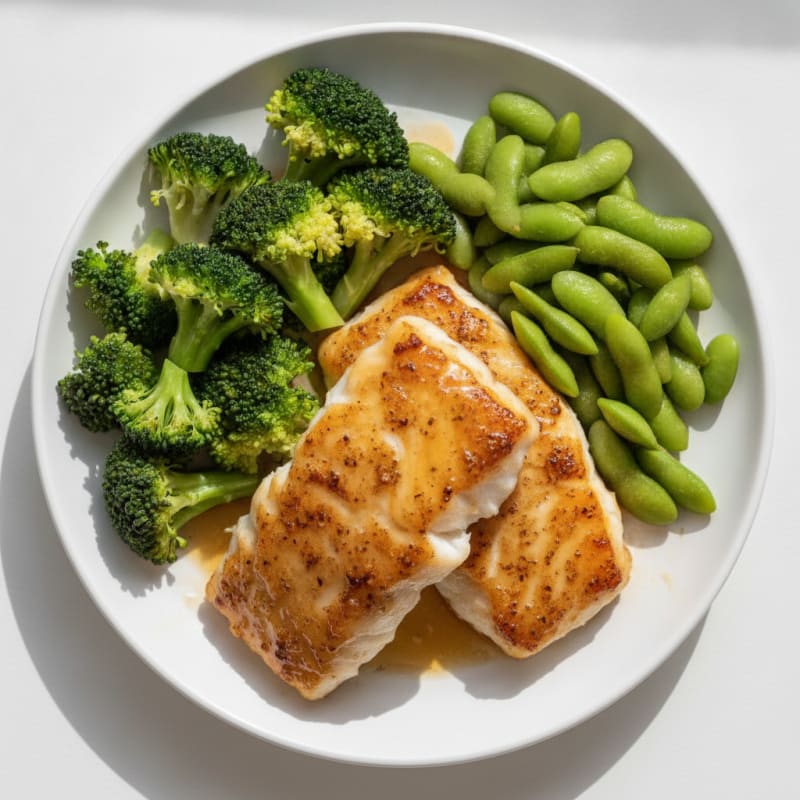 Baked Miso-Glazed Cod with Steamed Broccoli and Edamame