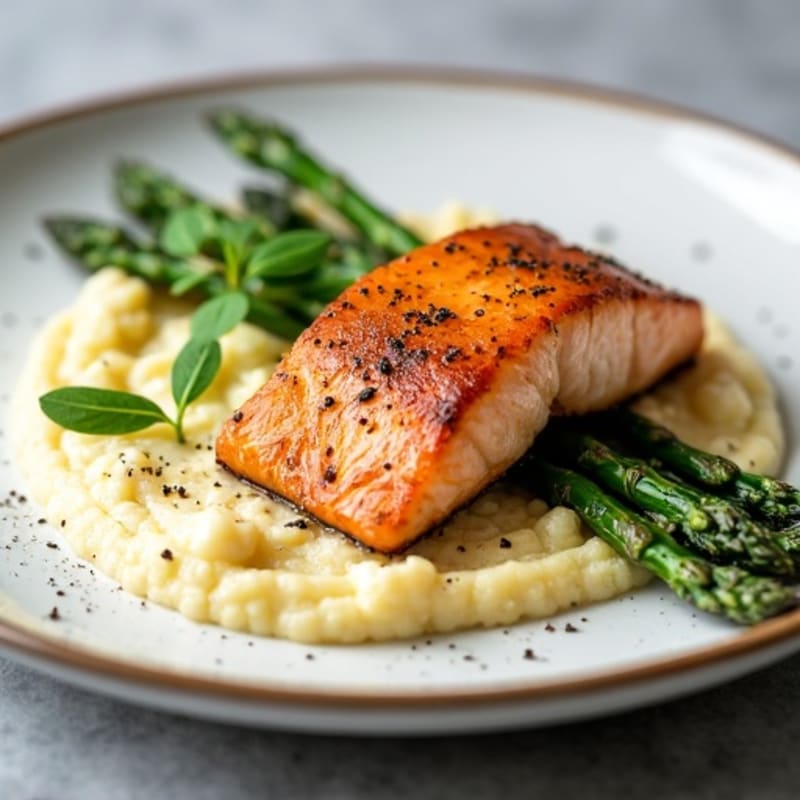 Seared Salmon with Blistered Asparagus and Cauliflower Mash