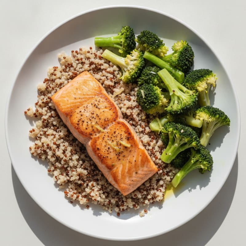 Seared Salmon with Steamed Broccoli and Quinoa