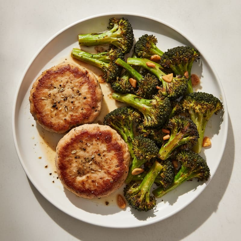 Seared Turkey Patties with Roasted Broccoli and Garlic
