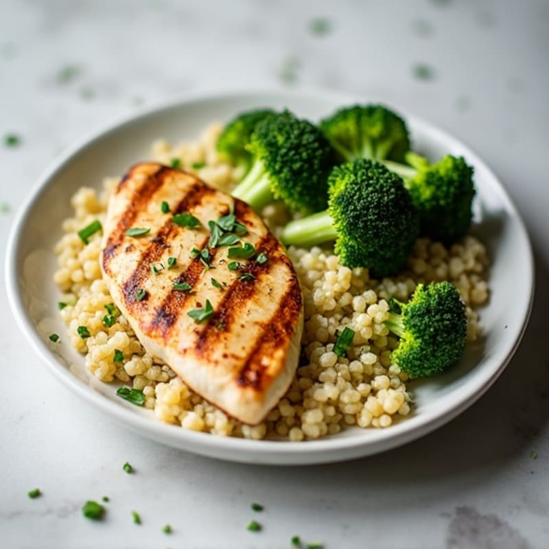 Grilled Chicken Breast with Creamy Quinoa and Roasted Broccoli