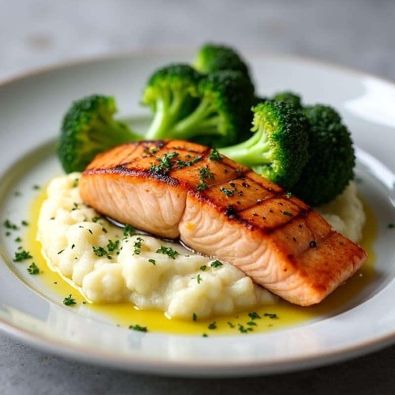 Seared Salmon with Steamed Broccoli and Garlic Cauliflower Mash