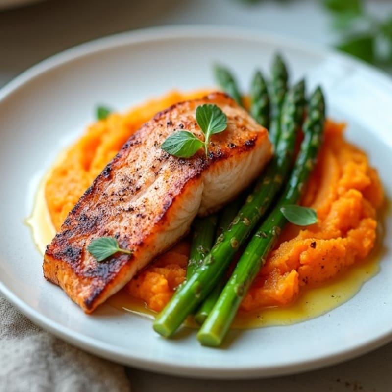 Seared Salmon with Roasted Asparagus and Sweet Potato Mash