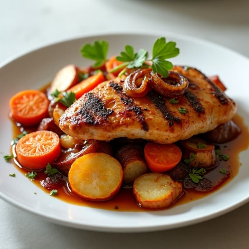 Caramelized Onion Balsamic Chicken with Roasted Root Vegetables