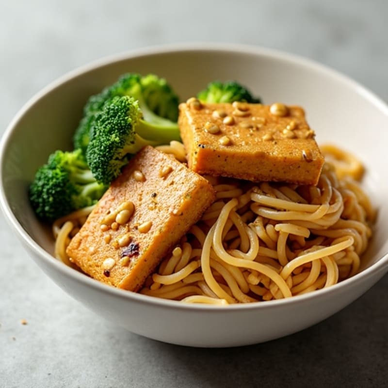 Creamy Peanut Noodles with Crispy Tofu and Fresh Steamed Greens