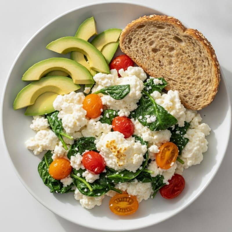 Egg White and Cottage Cheese Scramble with Spinach and Cherry Tomatoes
