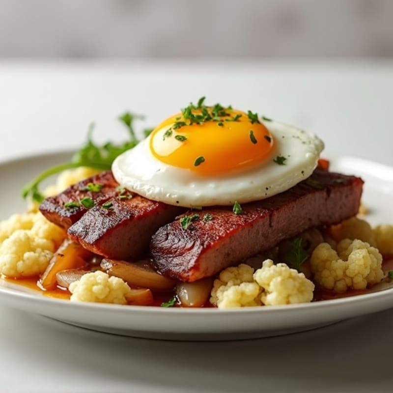 Seared Beef Strips with Sautéed Onions and Steamed Cauliflower