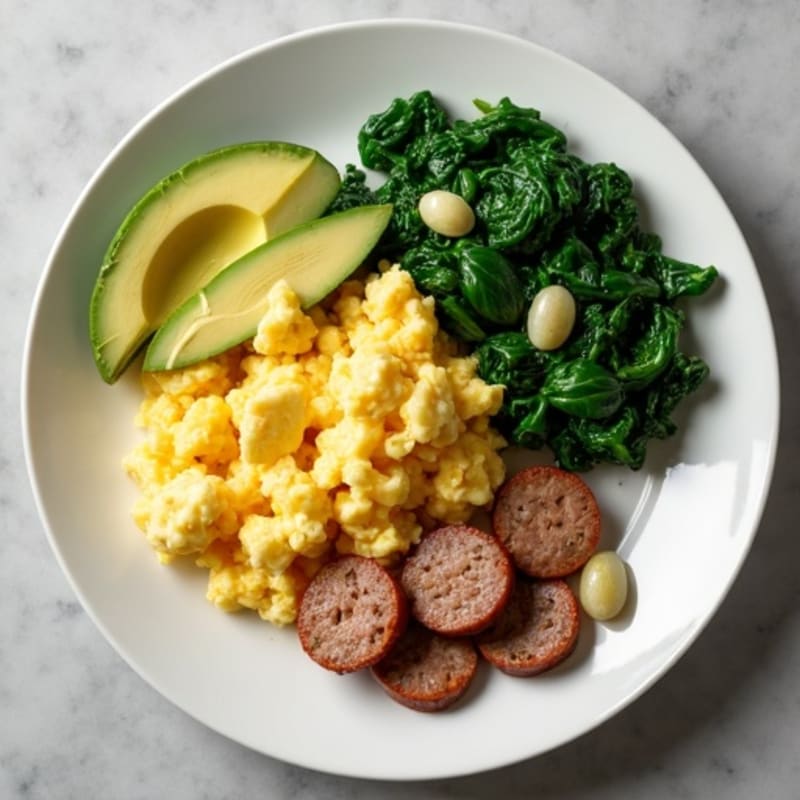 Egg White and Turkey Sausage Scramble with Sautéed Spinach and Avocado