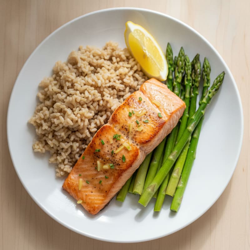 Pan-Seared Salmon with Steamed Asparagus and Brown Rice